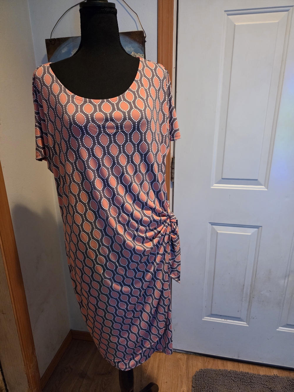 Robbie Bee Coral and Gray Geometric Midi Dress with Side Tie